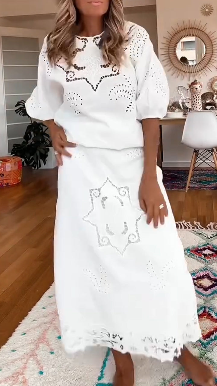 Ladies' Round Neck Printed Hollow Top+ Half Skirt Casual Suit