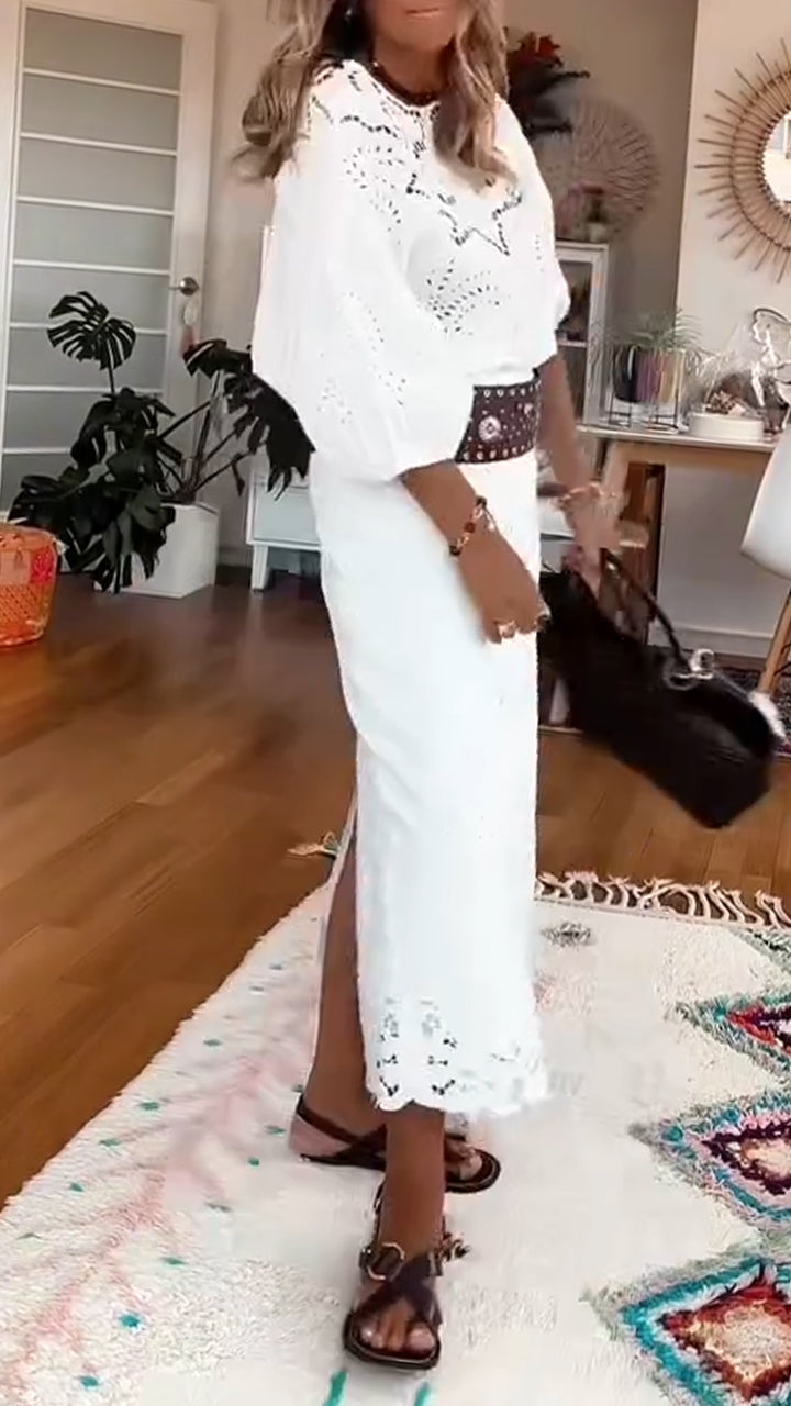 Ladies' Round Neck Printed Hollow Top+ Half Skirt Casual Suit