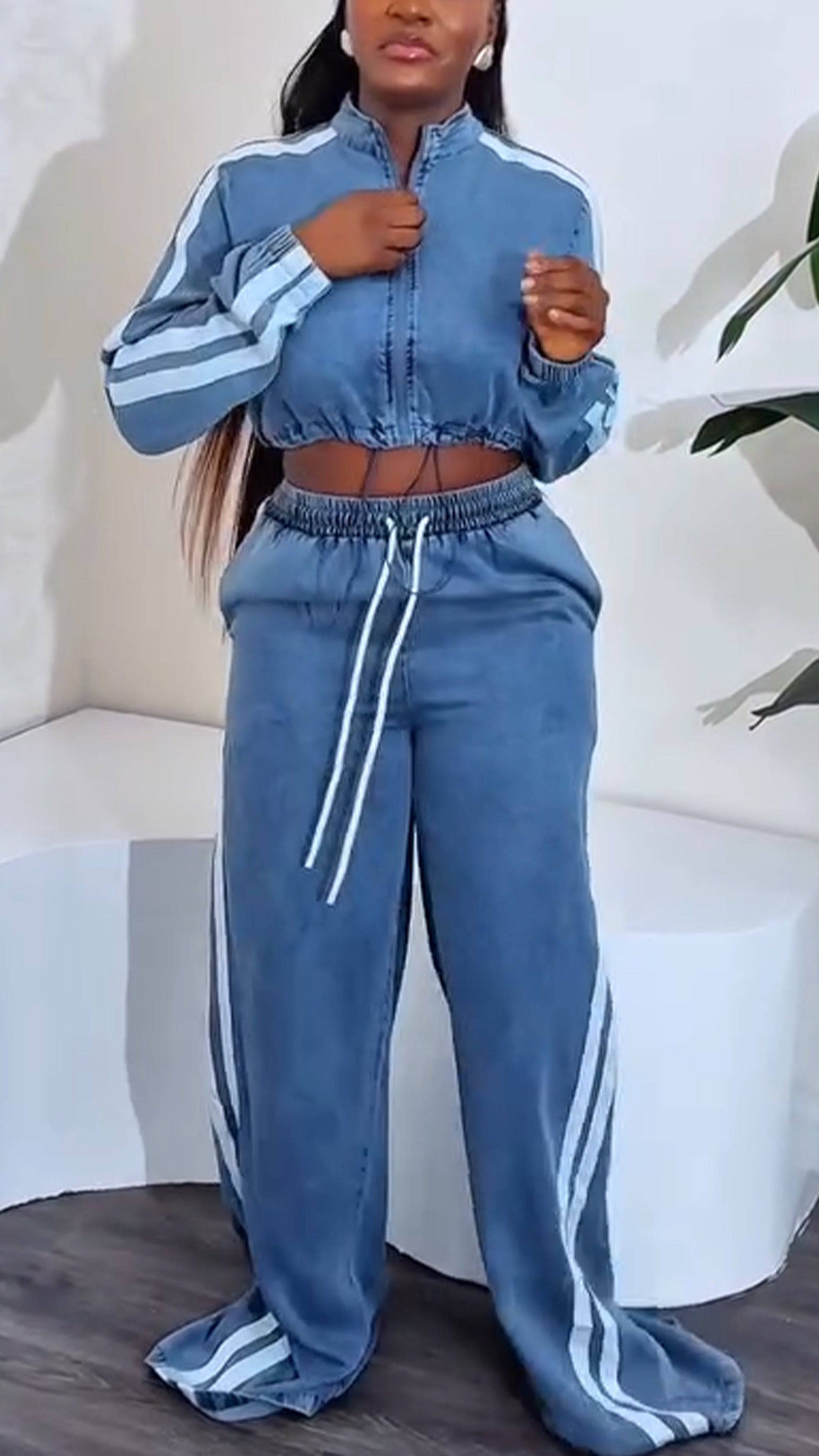 Ladies' Round Neck Zipper Vertical Stripe Top+ Pants Casual Set - MATCHING MASTER