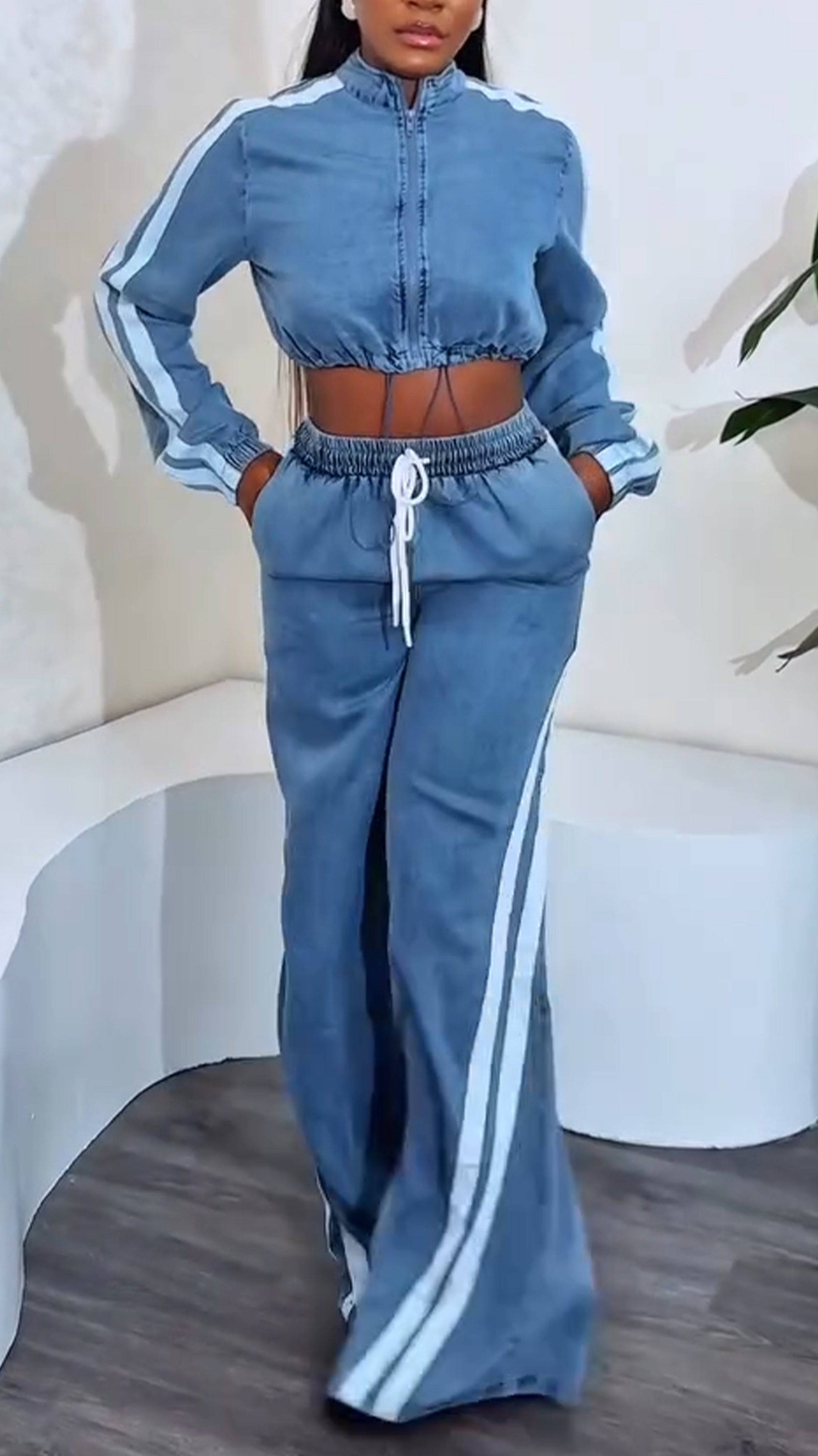 Ladies' Round Neck Zipper Vertical Stripe Top+ Pants Casual Set - MATCHING MASTER