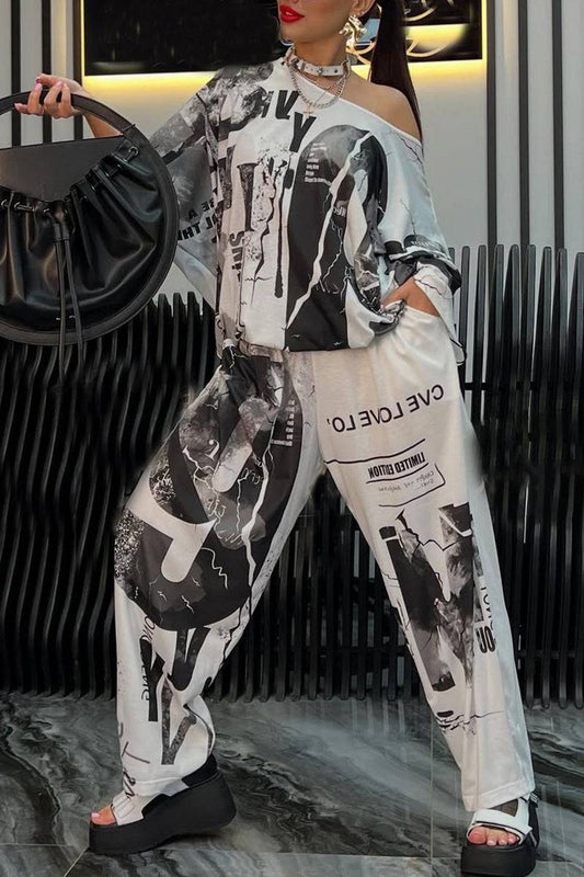 Ladies' Round Neck Printed Top + Pants Casual Set - MATCHING MASTER