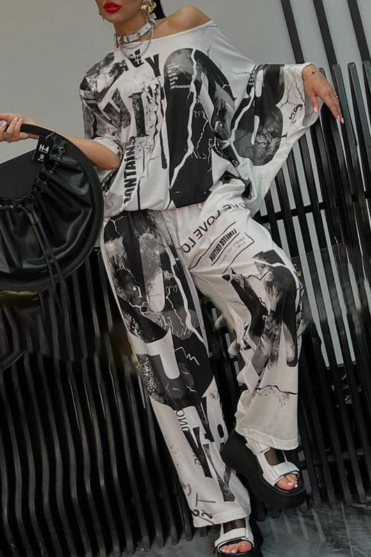 Ladies' Round Neck Printed Top + Pants Casual Set - MATCHING MASTER