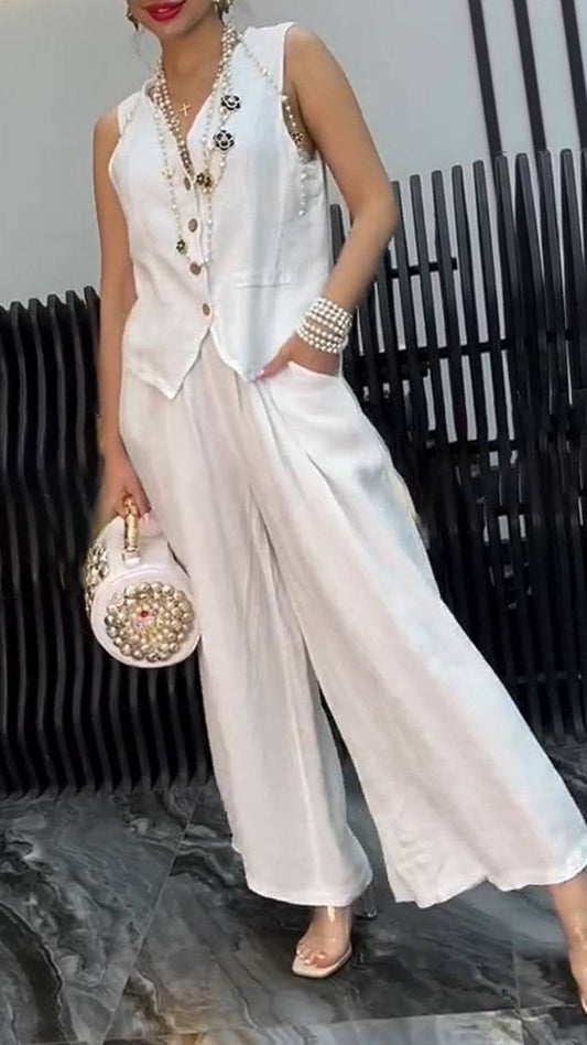 Women's V-neck Breasted Top+ Pants Loose Casual Suit - MATCHING MASTER