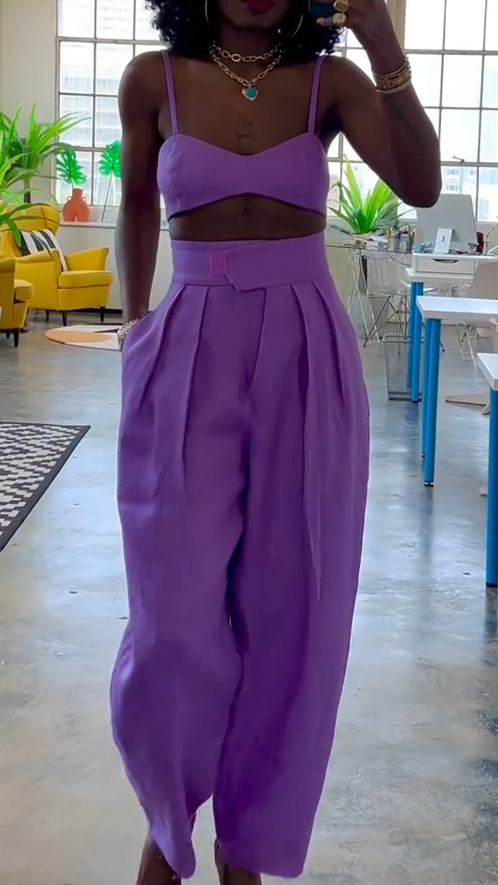 Women Camisole Strapless Top+ Pants Solid Color Casual Suit