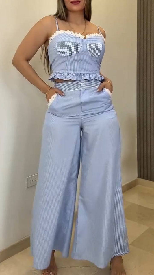 Ladies Camisole Patchwork Lace Top+ Pants Casual Suit - MATCHING MASTER