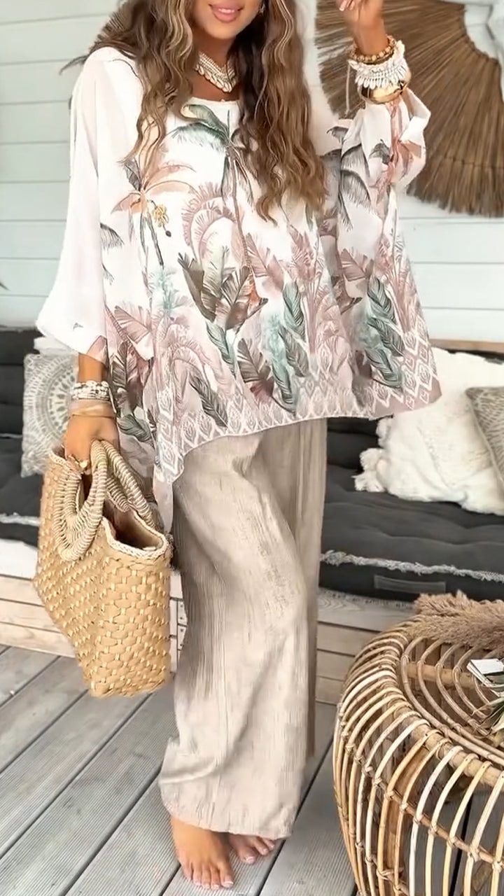 Ladies Round Neck Printed Top + Pants Vacation and Leisure Set