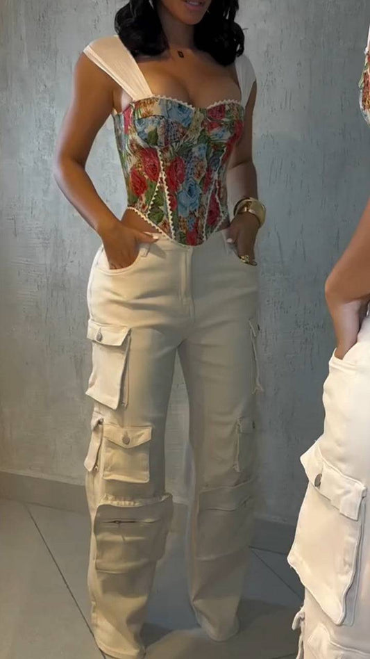 Ladies Square Collar Printed Back Strap Top+ Multi Pocket Patchwork Pants Casual Set - MATCHING MASTER