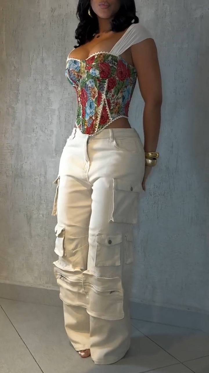 Ladies Square Collar Printed Back Strap Top+ Multi Pocket Patchwork Pants Casual Set - MATCHING MASTER