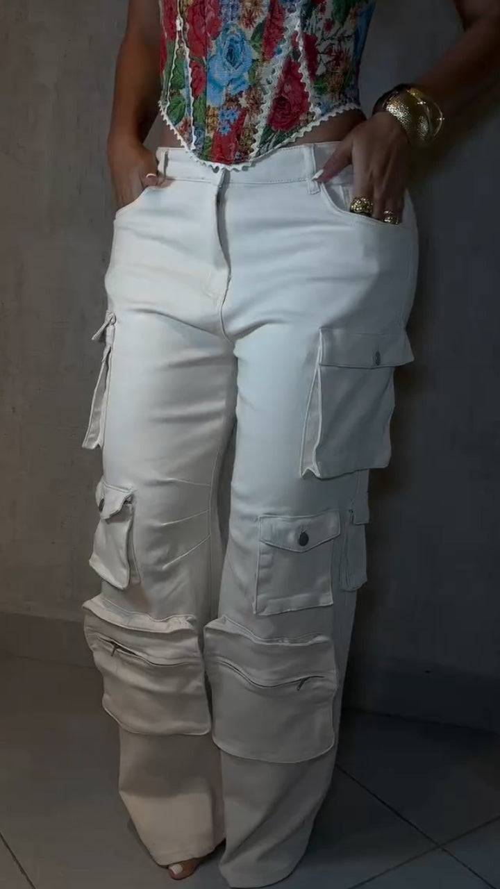 Ladies Square Collar Printed Back Strap Top+ Multi Pocket Patchwork Pants Casual Set - MATCHING MASTER