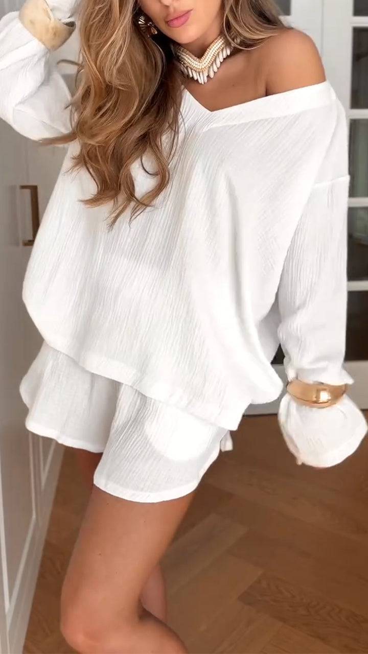 Women V-neck Top+ Shorts Solid Color Casual Set - MATCHING MASTER