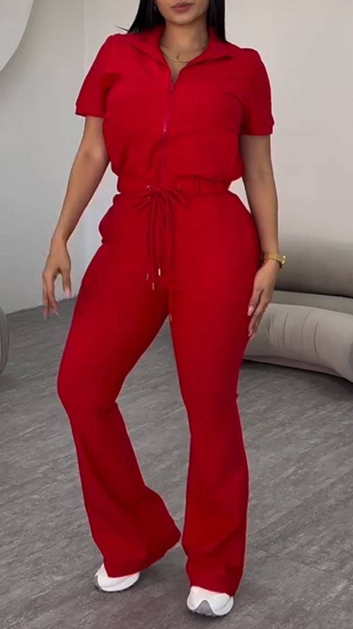 Women Collar Zipper Drawstring Solid Color Casual Set - MATCHING MASTER