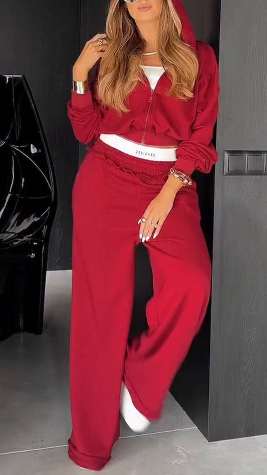 Ladies Round Neck Hooded Zipper Jacket+ Pants Casual Set - MATCHING MASTER