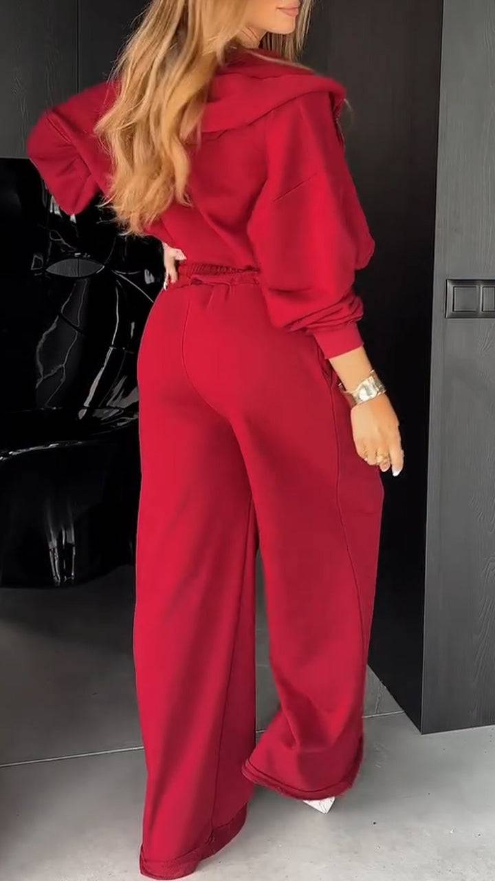 Ladies Round Neck Hooded Zipper Jacket+ Pants Casual Set - MATCHING MASTER