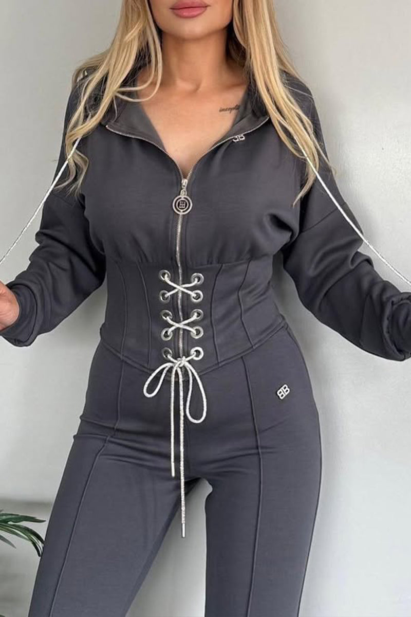 Women Collar Zipper Drawstring Top+ Pants Casual Set