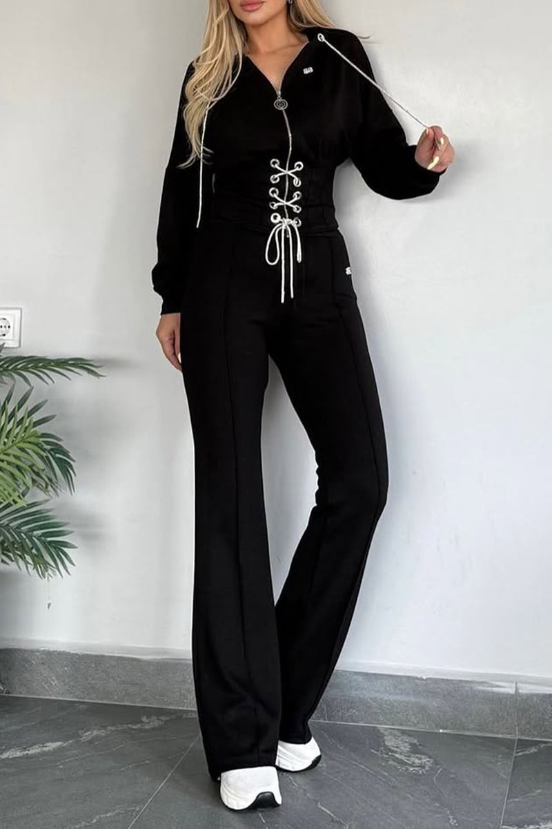 Women Collar Zipper Drawstring Top+ Pants Casual Set