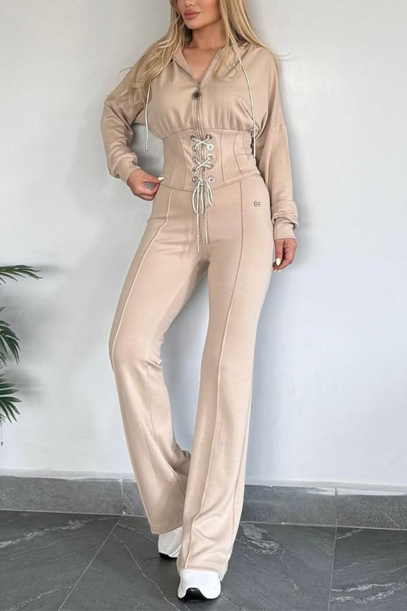 Women Collar Zipper Drawstring Top+ Pants Casual Set