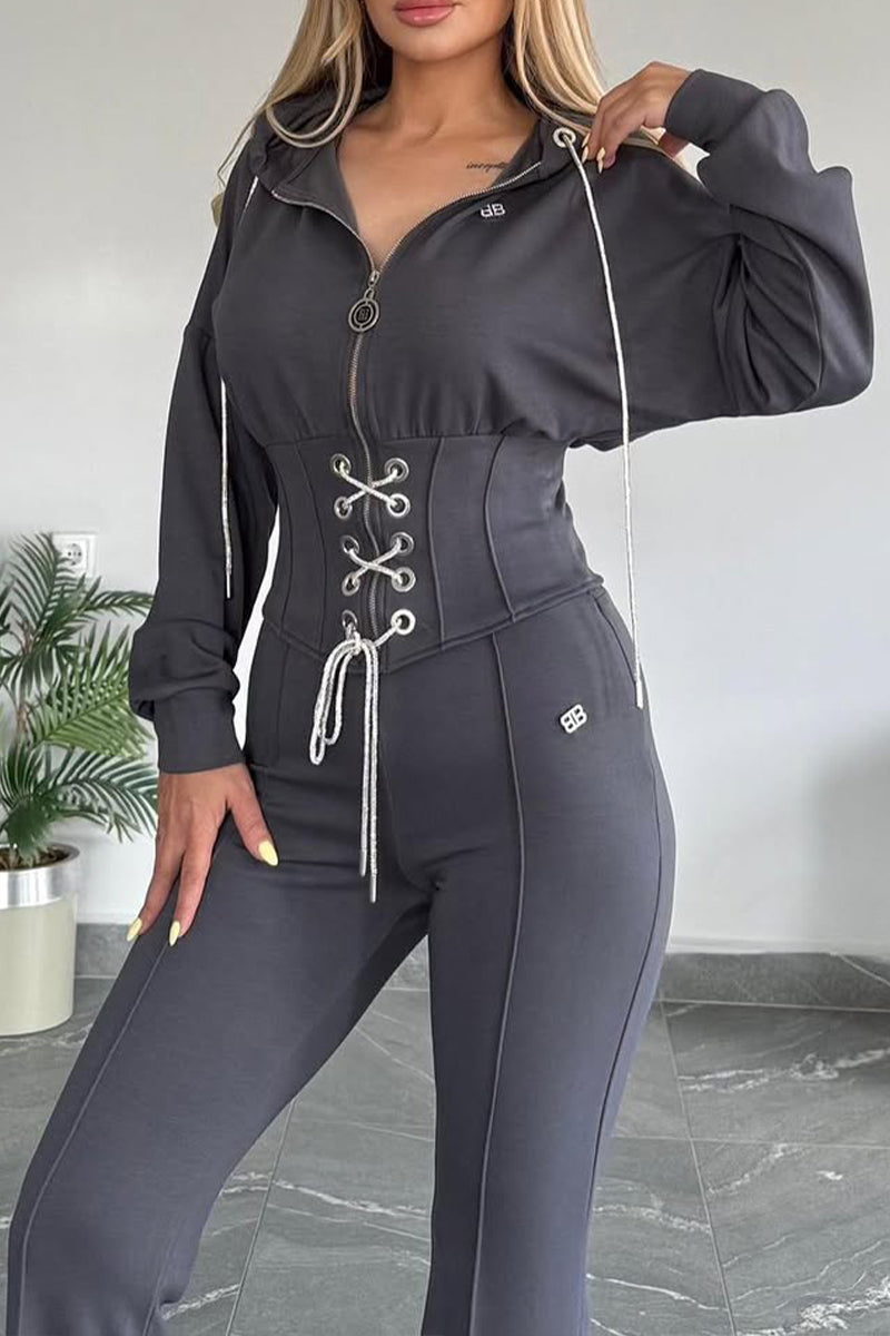 Women Collar Zipper Drawstring Top+ Pants Casual Set