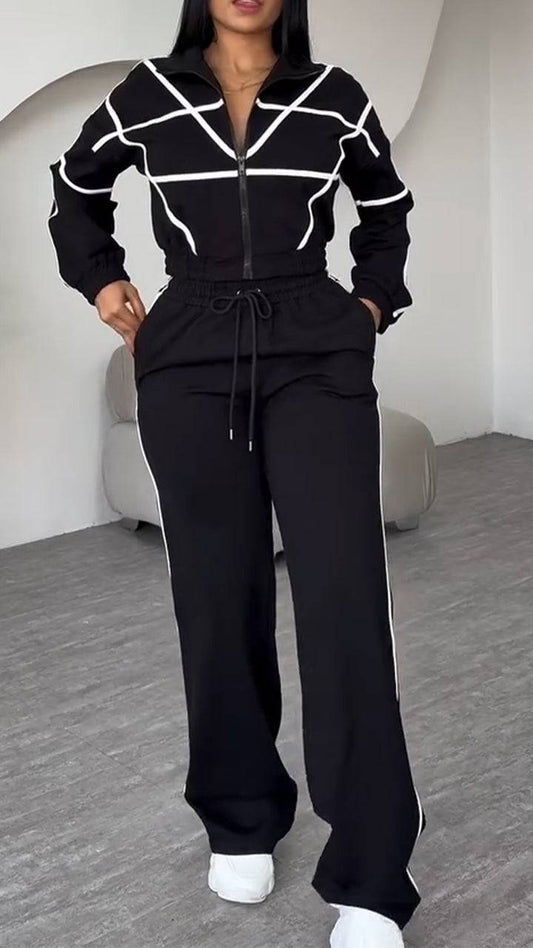 Ladies Collar Zipper Striped Top+ Pants Casual Set - MATCHING MASTER