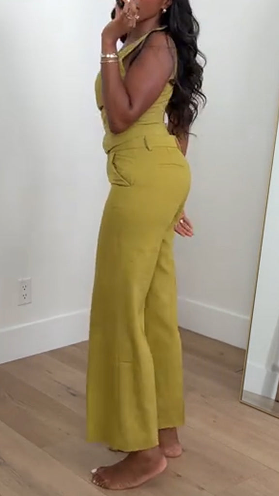 Women V-neck Strap Top+Pants Solid Color Casual Set