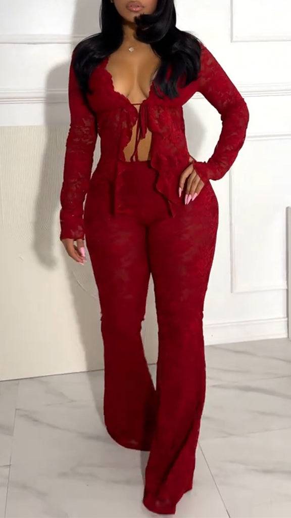 Ladies Printed Lace Strap Top+ Pants Sexy Temperament Set - MATCHING MASTER