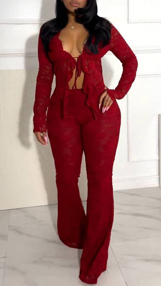 Ladies Printed Lace Strap Top+ Pants Sexy Temperament Set - MATCHING MASTER