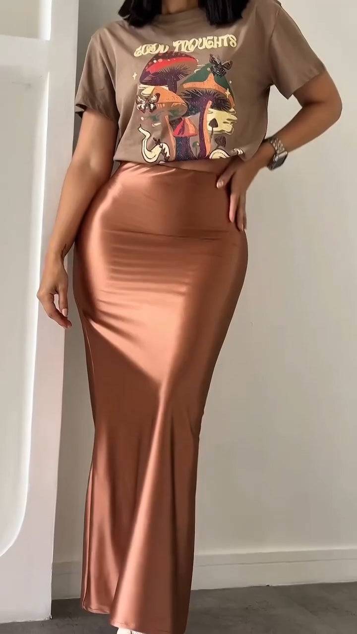 Ladies Round Neck Printed T-shirt+ Skirt Casual Set - MATCHING MASTER