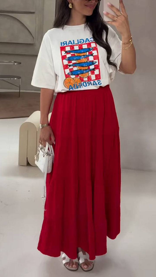 Ladies Round Neck Printed Top+ Skirt Casual Set - MATCHING MASTER