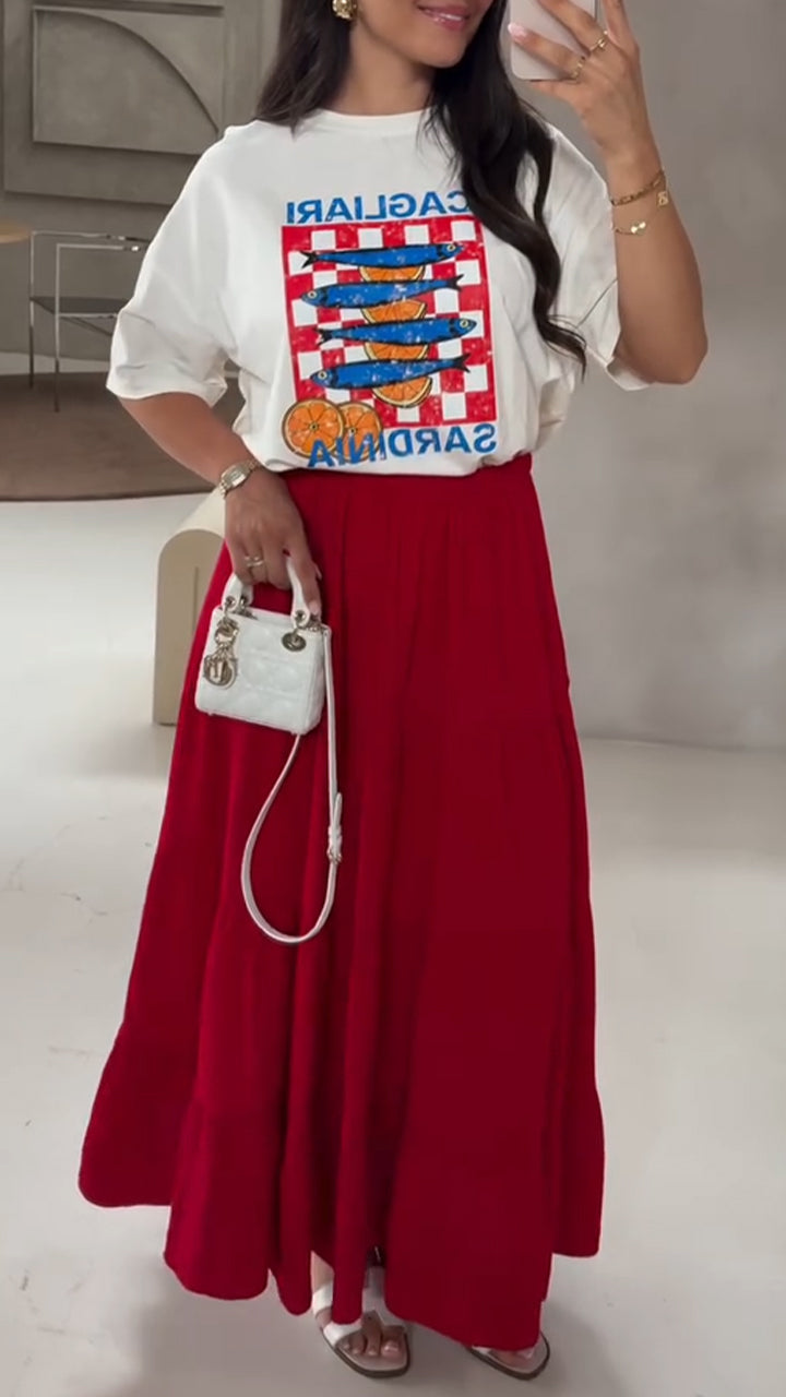 Ladies Round Neck Printed Top+ Skirt Casual Set