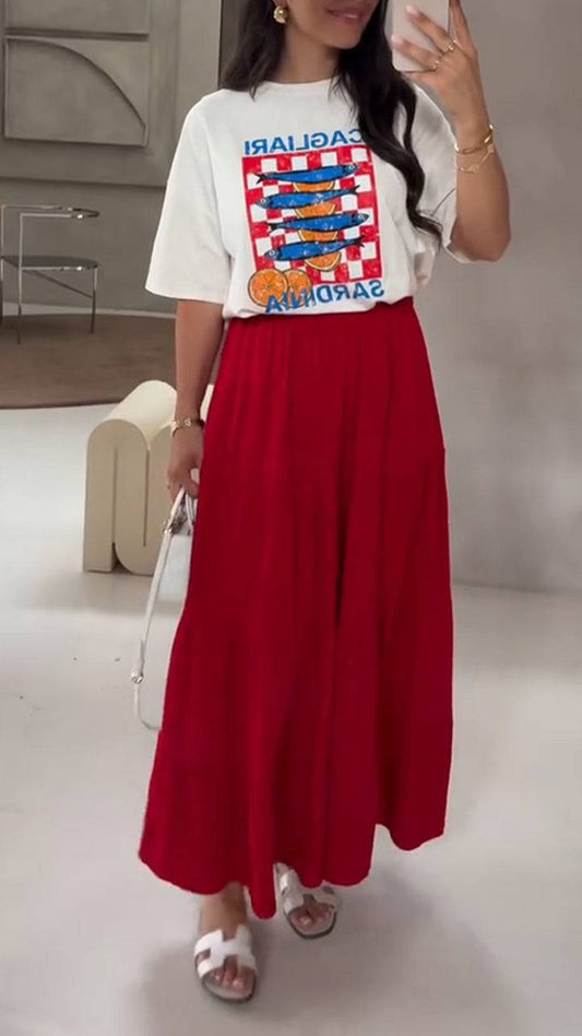 Ladies Round Neck Printed Top+ Skirt Casual Set - MATCHING MASTER