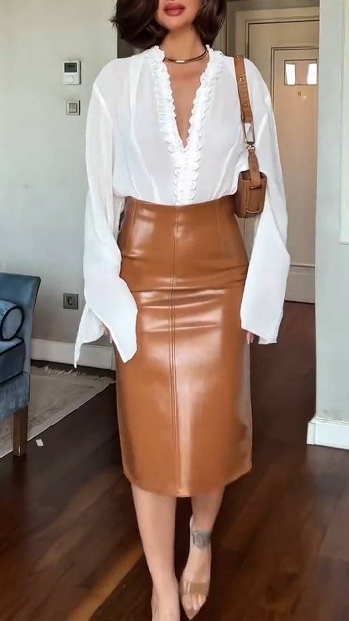 Ladies V-neck Shirt+ Leather Skirt Temperament Casual Suit - MATCHING MASTER