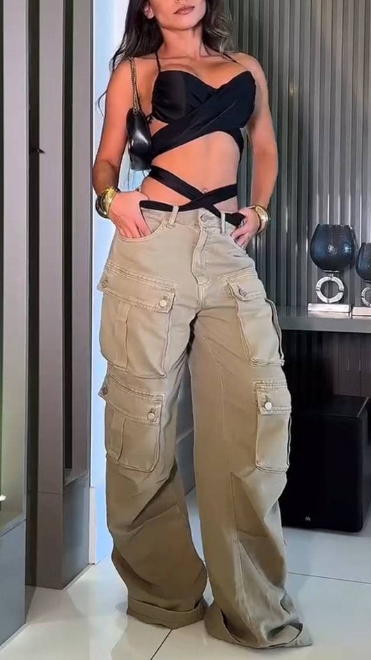 Ladies Suspender Hollow Strap Top+ Multi Pocket Patchwork Pants Sexy Temperament Set - MATCHING MASTER