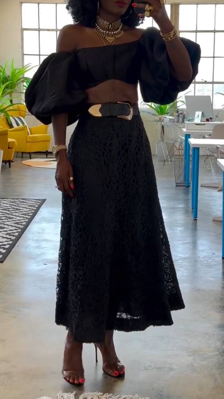 Ladies Strapless Big Sleeved Top+ Printed Hollow Skirt Elegant Casual Set - MATCHING MASTER