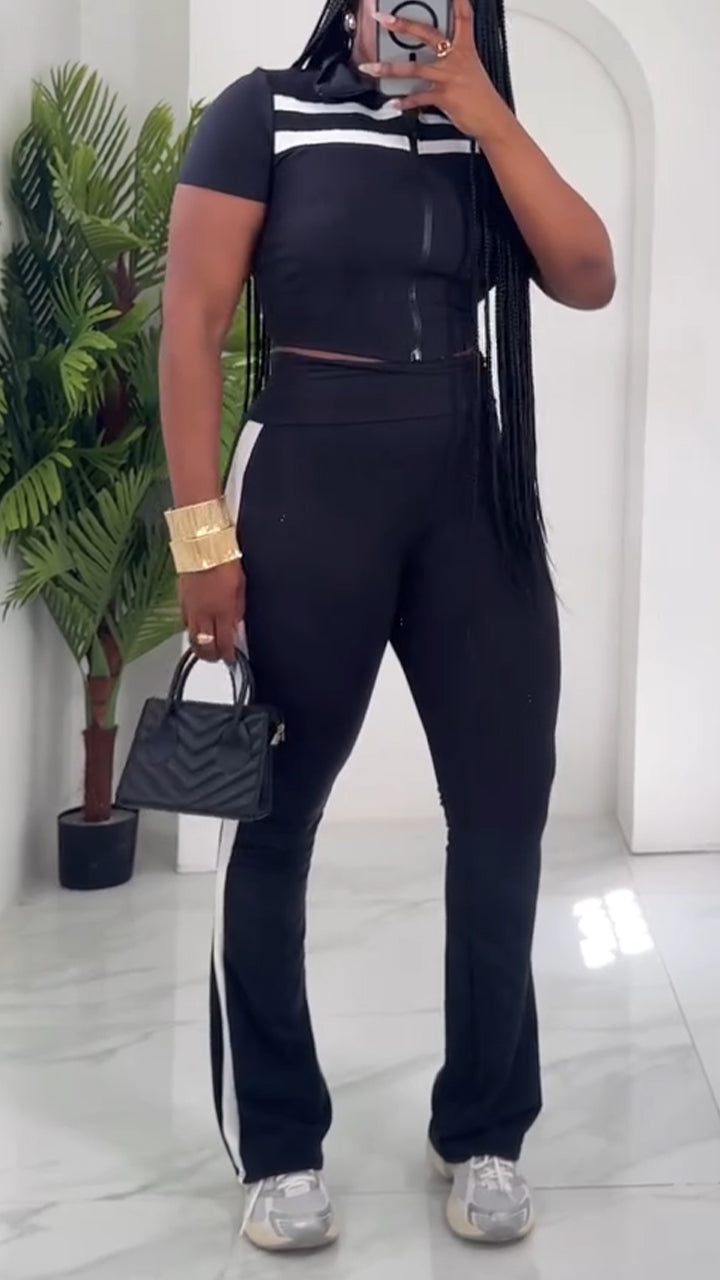 Ladies Collar Striped Zipper Top+ Pants Slim Fit Casual Set