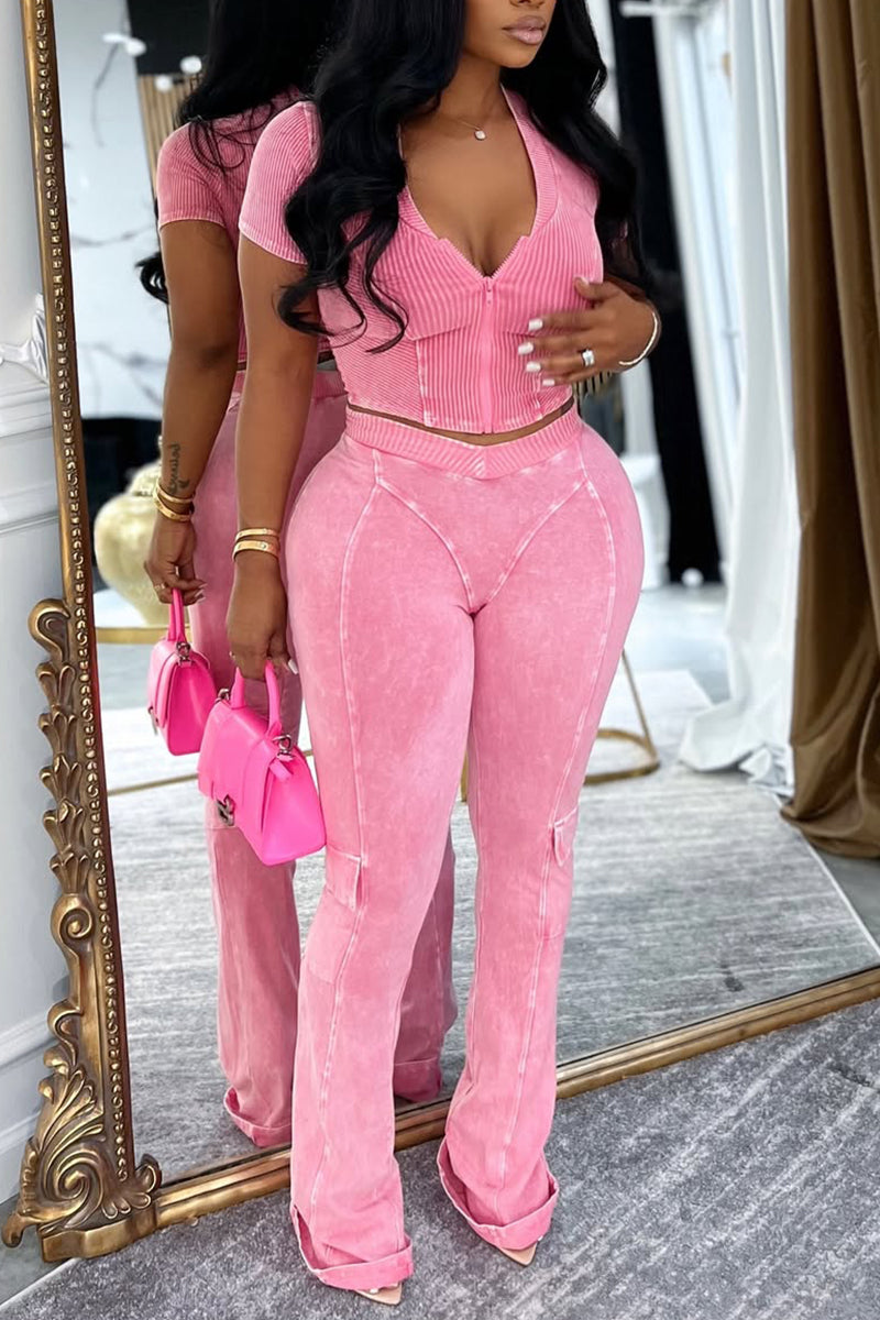 Ladies V-neck Zipper Top and Pants Slim Fit Casual Set