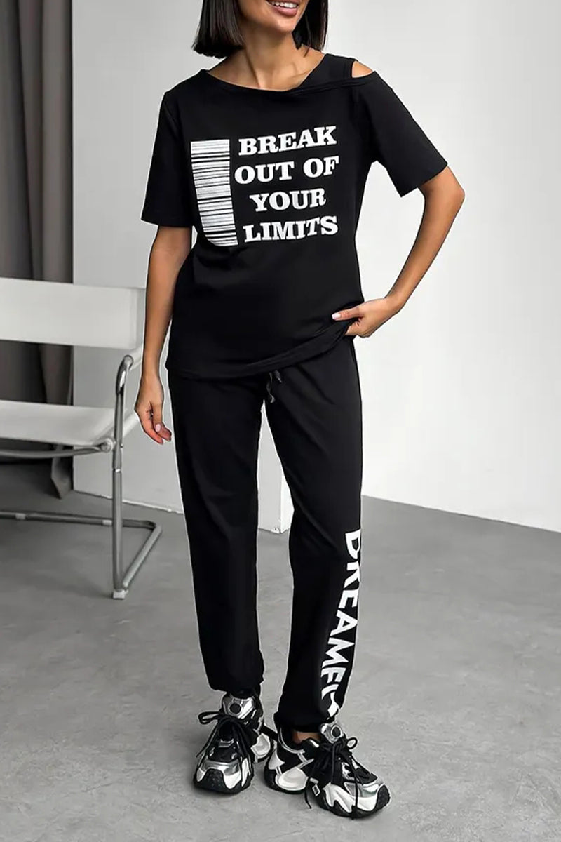 Ladies Round Neck Printed Letter Top+ Pants Casual Set
