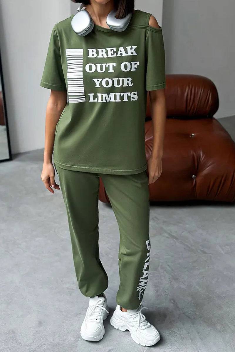 Ladies Round Neck Printed Letter Top+ Pants Casual Set - MATCHING MASTER