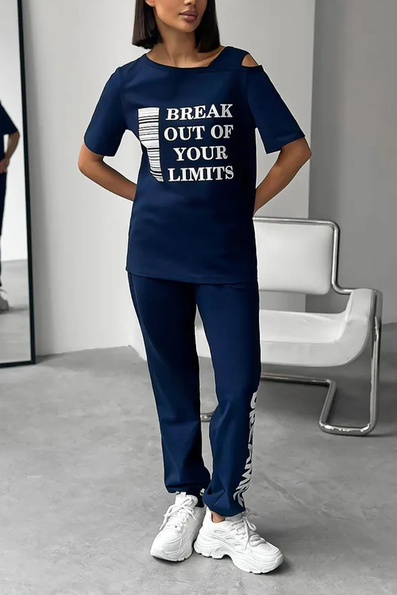 Ladies Round Neck Printed Letter Top+ Pants Casual Set