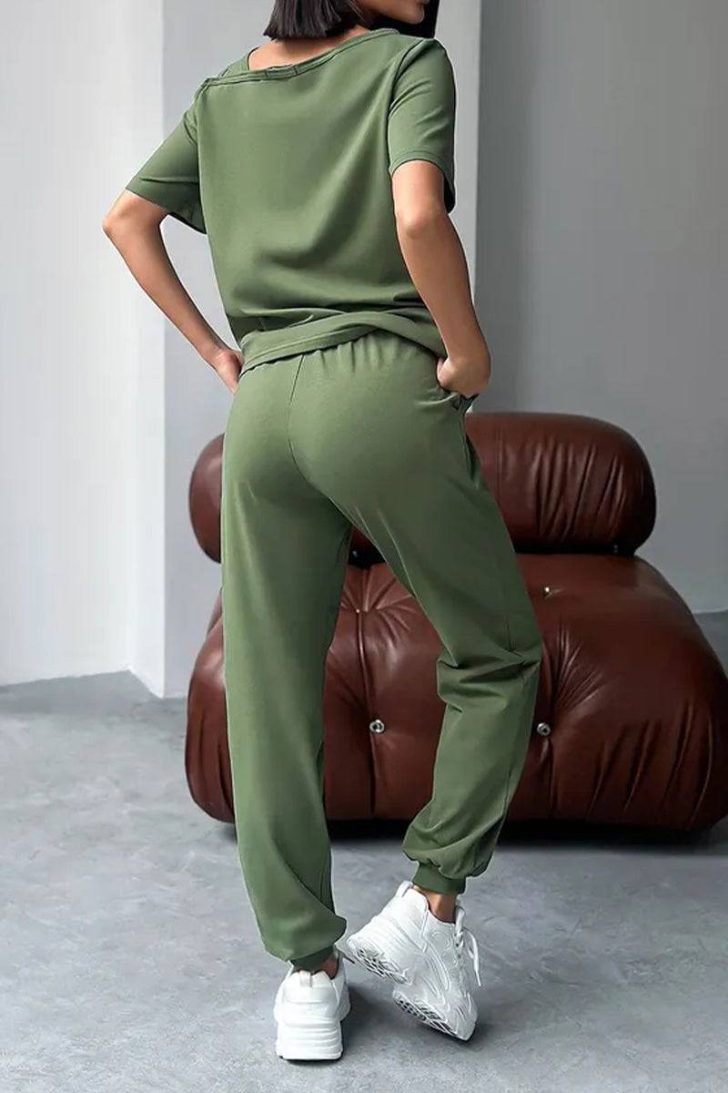 Ladies Round Neck Printed Letter Top+ Pants Casual Set - MATCHING MASTER