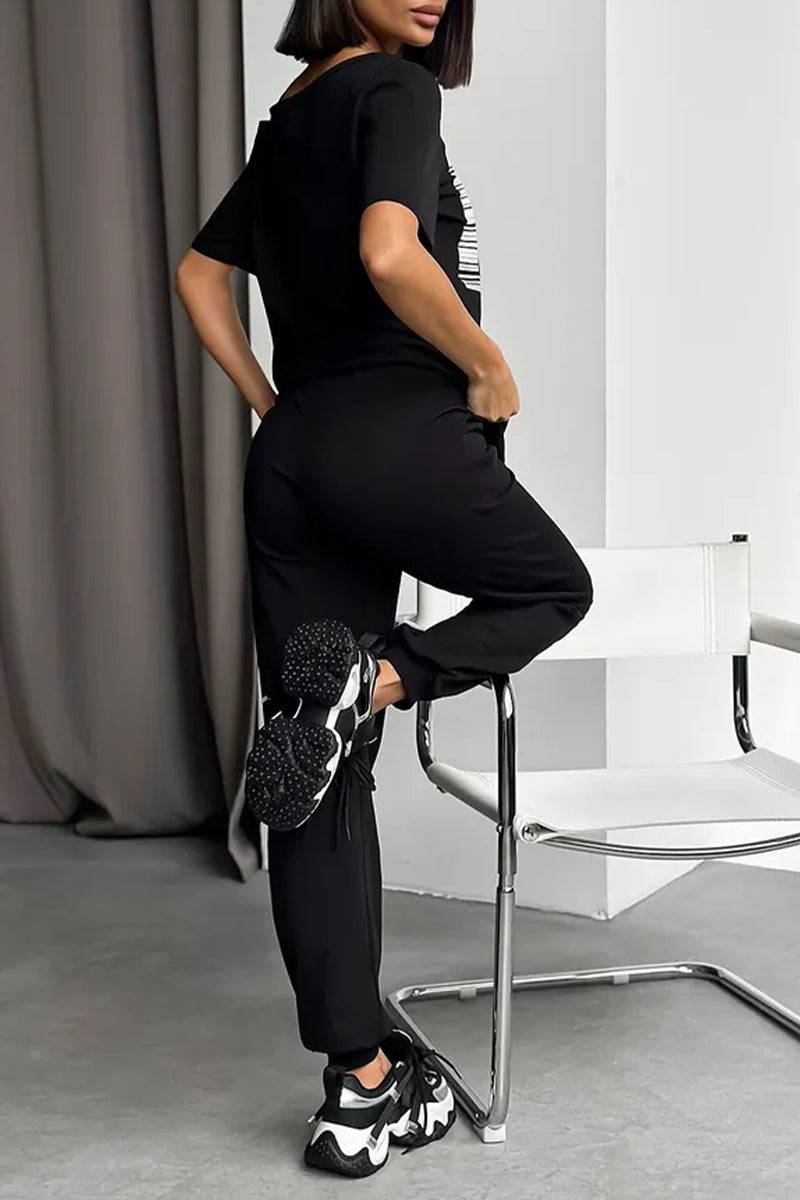 Ladies Round Neck Printed Letter Top+ Pants Casual Set - MATCHING MASTER