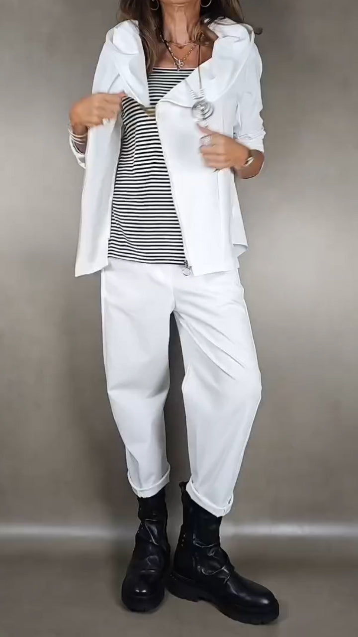 Women Collar Zipper Tops+ Pants Casual Set