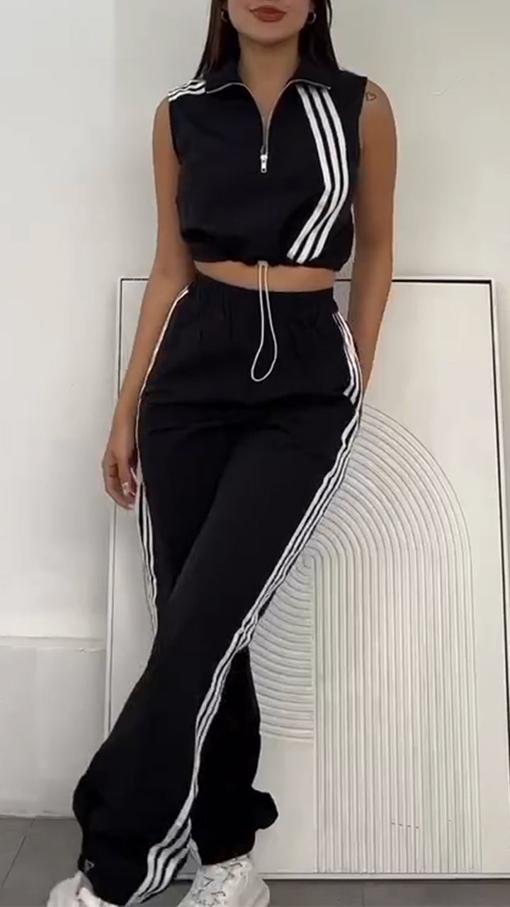 Women Collar Vertical Zipper Top+ Pants Casual Set