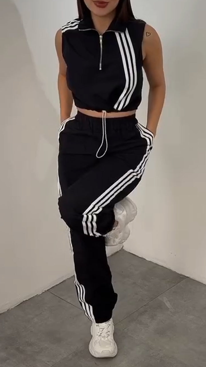 Women Collar Vertical Zipper Top+ Pants Casual Set
