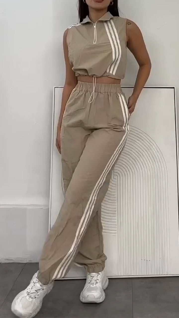 Women Collar Vertical Zipper Top+ Pants Casual Set