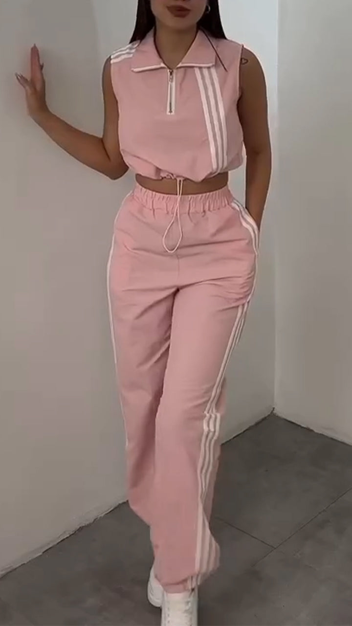 Women Collar Vertical Zipper Top+ Pants Casual Set