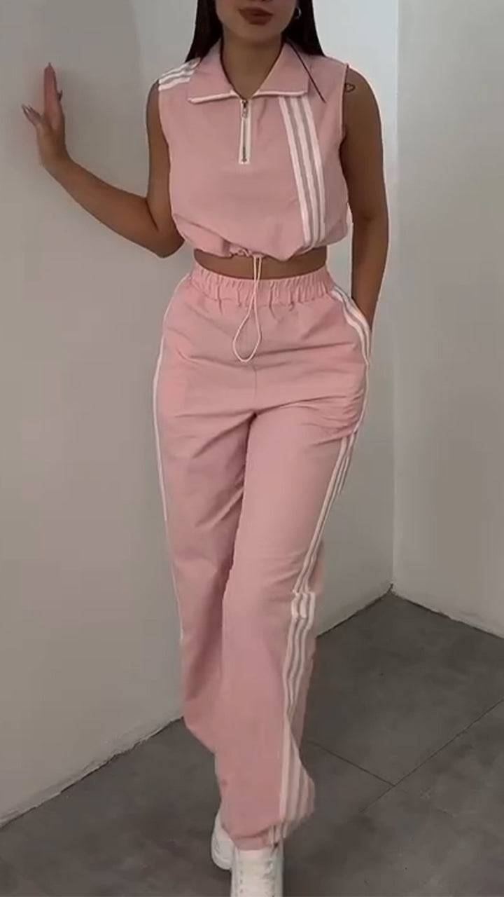 Women Collar Vertical Zipper Top+ Pants Casual Set - MATCHING MASTER
