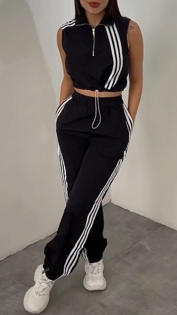 Women Collar Vertical Zipper Top+ Pants Casual Set