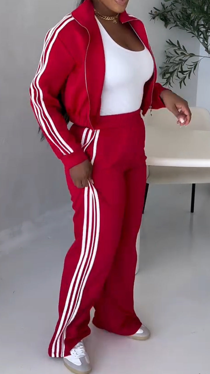 Women Collar Zipper Vertical Stripe Cardigan+ Pants Casual Set