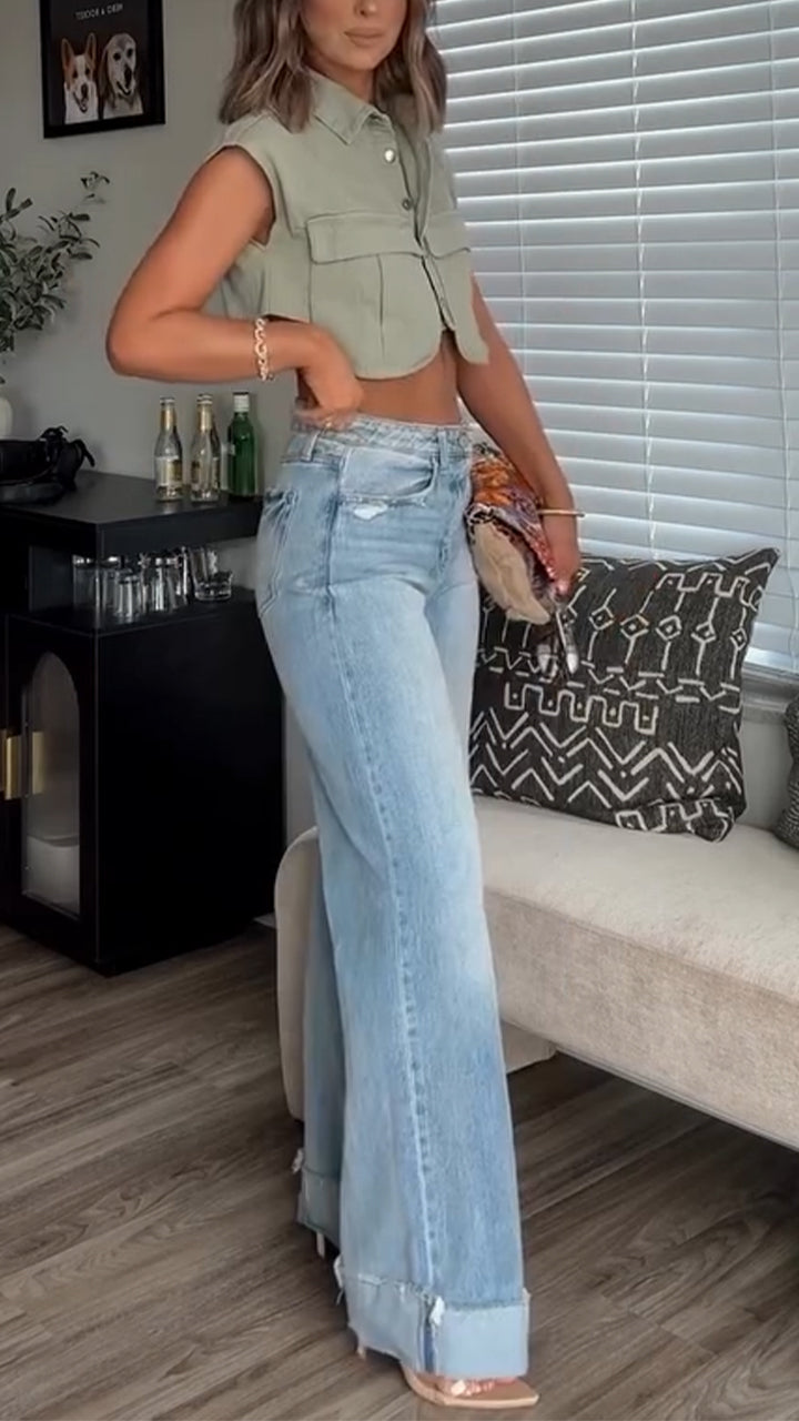 Ladies Collar Irregular Top+ Wash Pants Casual Set