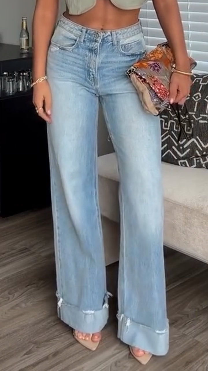Ladies Collar Irregular Top+ Wash Pants Casual Set