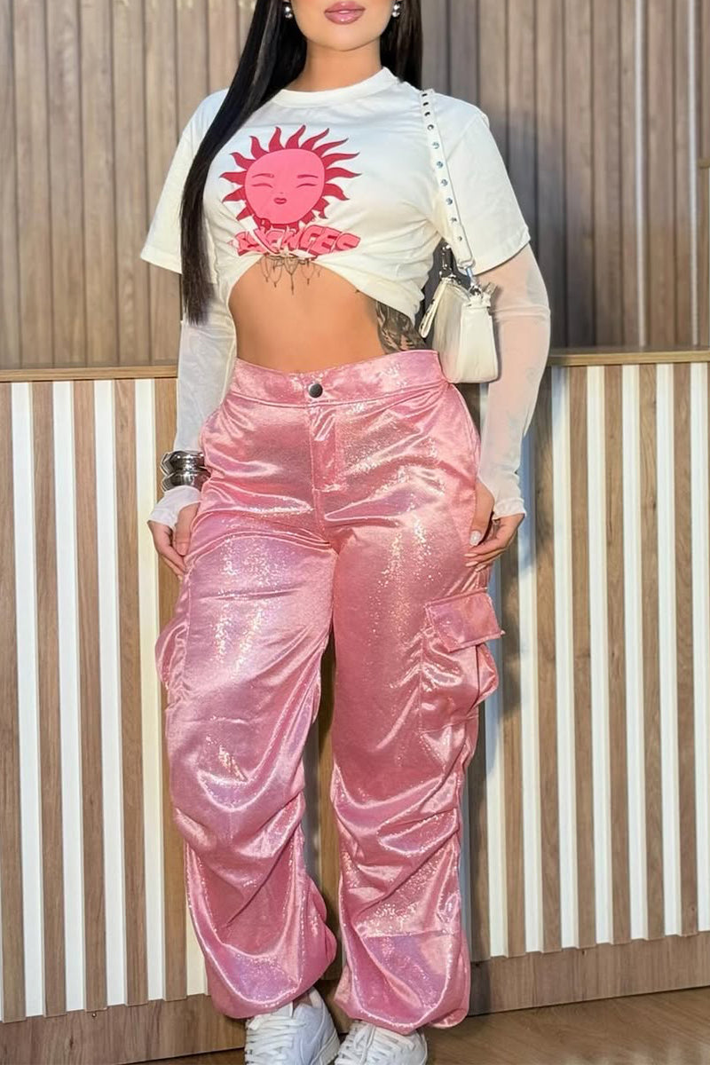 Ladies Round Neck Printed Top and Pants Casual Set